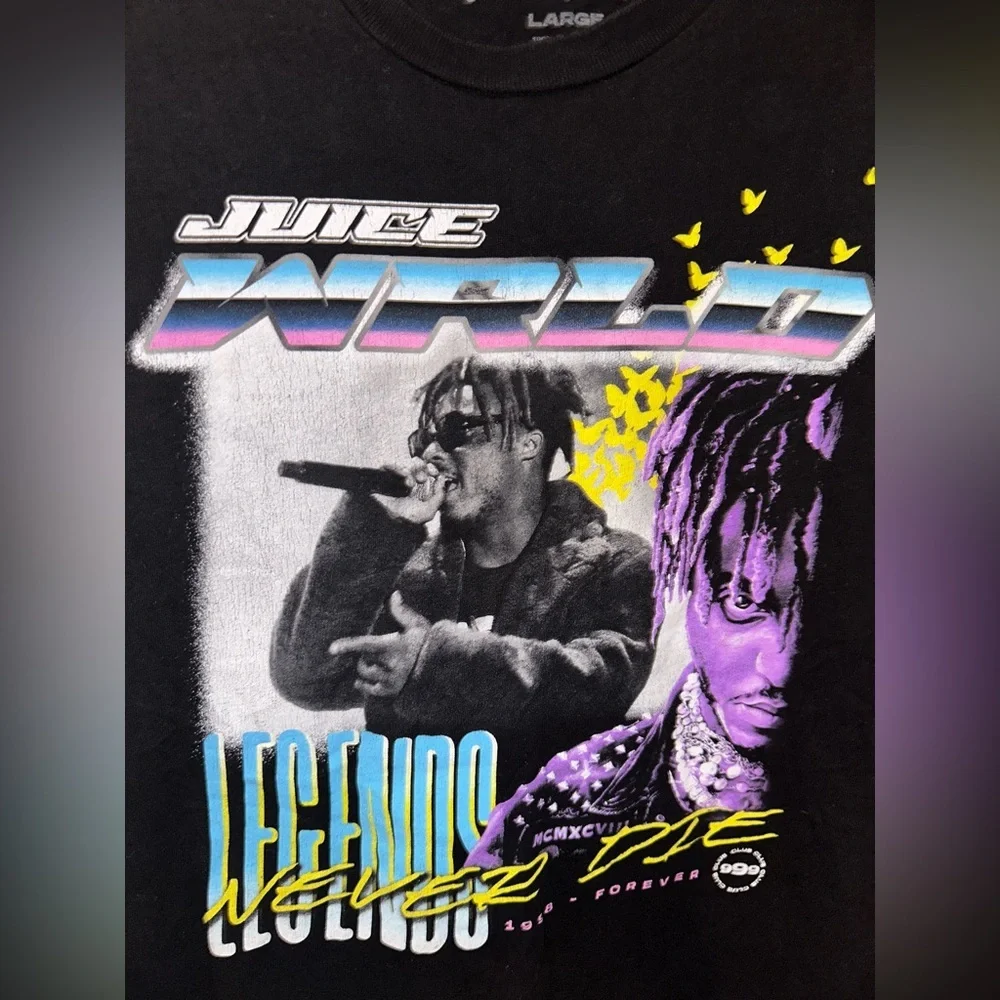 Juice Wrld Black Graphic T-Shirt Purple and Yellow Accents L music streetwear